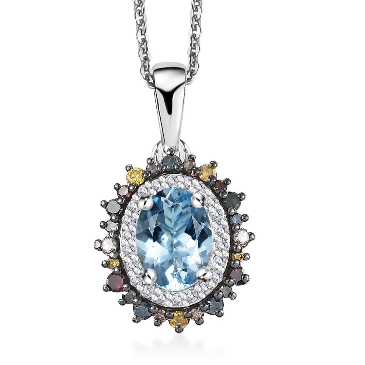 Santa Maria Aquamarine and Multi Diamond 1.50 ctw Ocean Blossom Pendant Necklace in Rhodium Over Sterling Silver 20 Inches image number 0