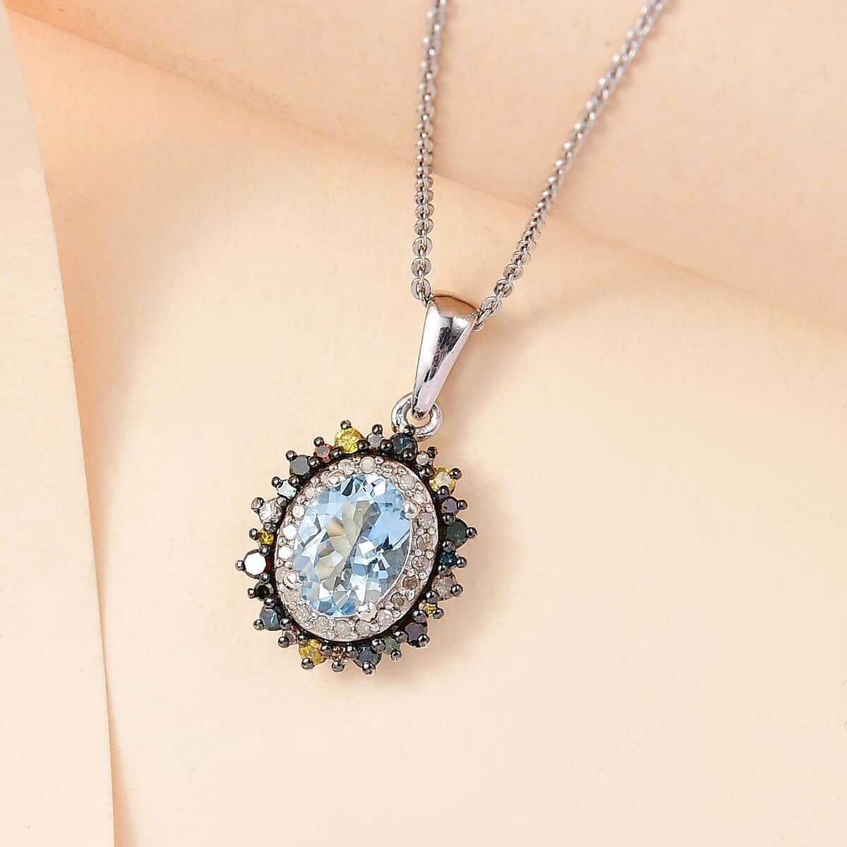 Santa Maria Aquamarine and Multi Diamond 1.50 ctw Ocean Blossom Pendant Necklace in Rhodium Over Sterling Silver 20 Inches image number 1