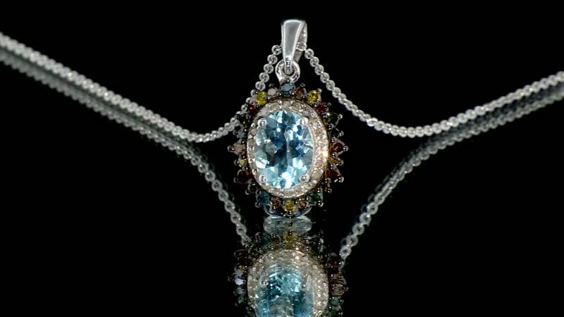 Santa Maria Aquamarine and Multi Diamond 1.50 ctw Ocean Blossom Pendant Necklace in Rhodium Over Sterling Silver 20 Inches
