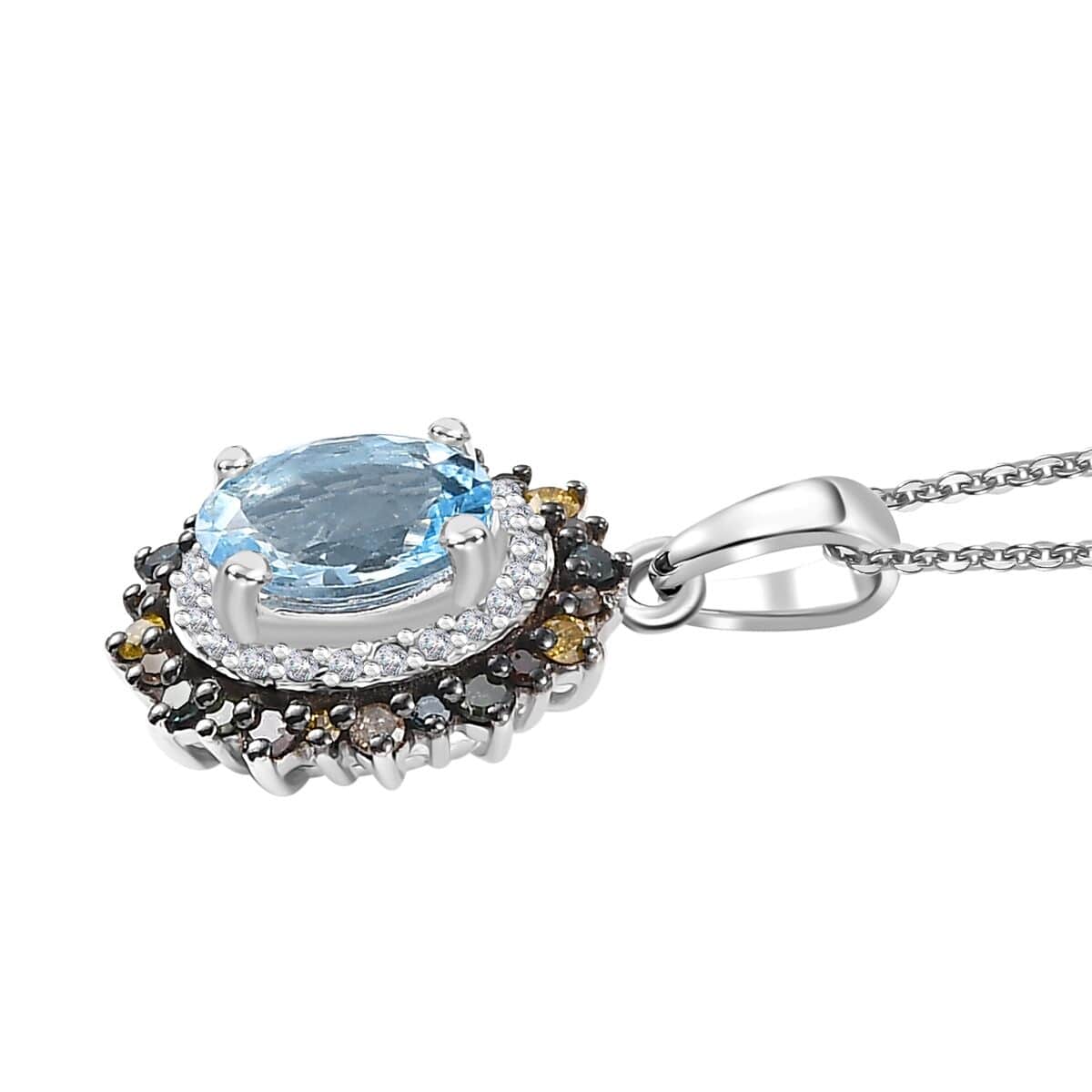 Santa Maria Aquamarine and Multi Diamond 1.50 ctw Ocean Blossom Pendant Necklace in Rhodium Over Sterling Silver 20 Inches image number 3