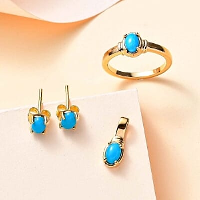 Sleeping Beauty Turquoise 2.94 ctw Set Ring (Size 10) and Earrings and Pendant Necklace (20 Inches) in Vermeil YG Over Sterling Silver