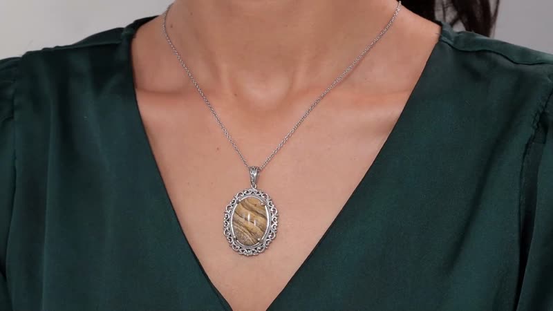 Karis Picture Jasper 23.00 ctw Pendant in Platinum Bond with Stainless Steel Necklace 20 Inches