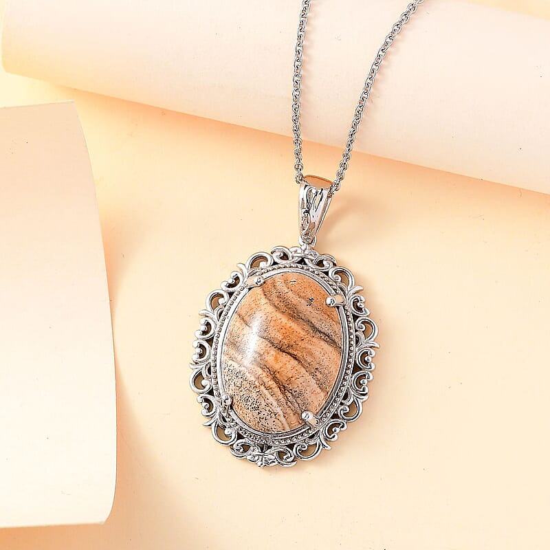 Karis Picture Jasper 23.00 ctw Pendant in Platinum Bond with Stainless Steel Necklace 20 Inches
