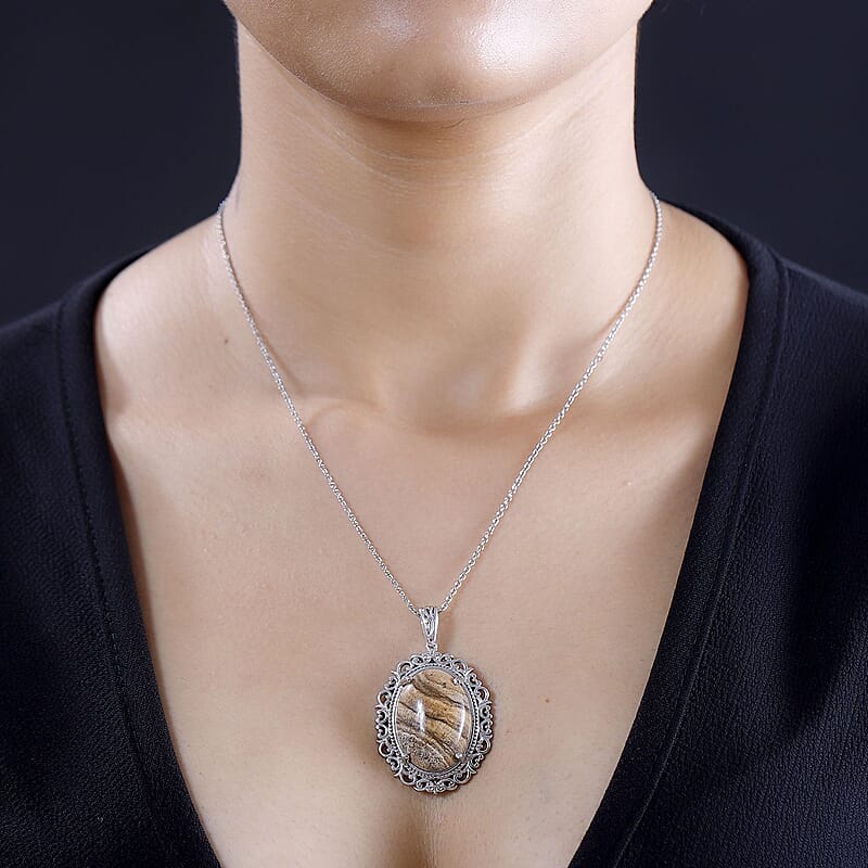 Karis Picture Jasper 23.00 ctw Pendant in Platinum Bond with Stainless Steel Necklace 20 Inches
