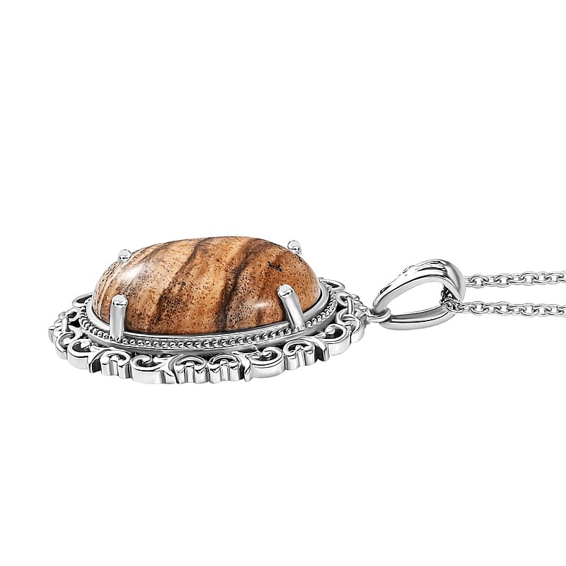 Karis Picture Jasper 23.00 ctw Pendant in Platinum Bond with Stainless Steel Necklace 20 Inches