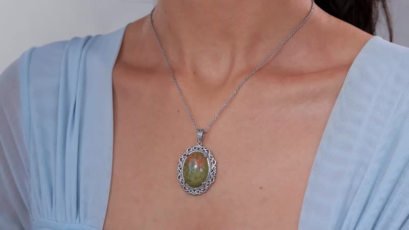 Karis Unakite 27.50 ctw Pendant in Platinum Bond with Stainless Steel Necklace 20 Inches
