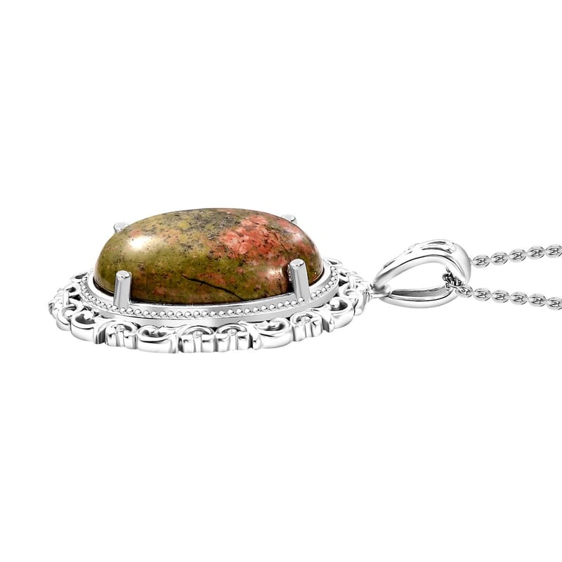 Karis Unakite 27.50 ctw Pendant in Platinum Bond with Stainless Steel Necklace 20 Inches