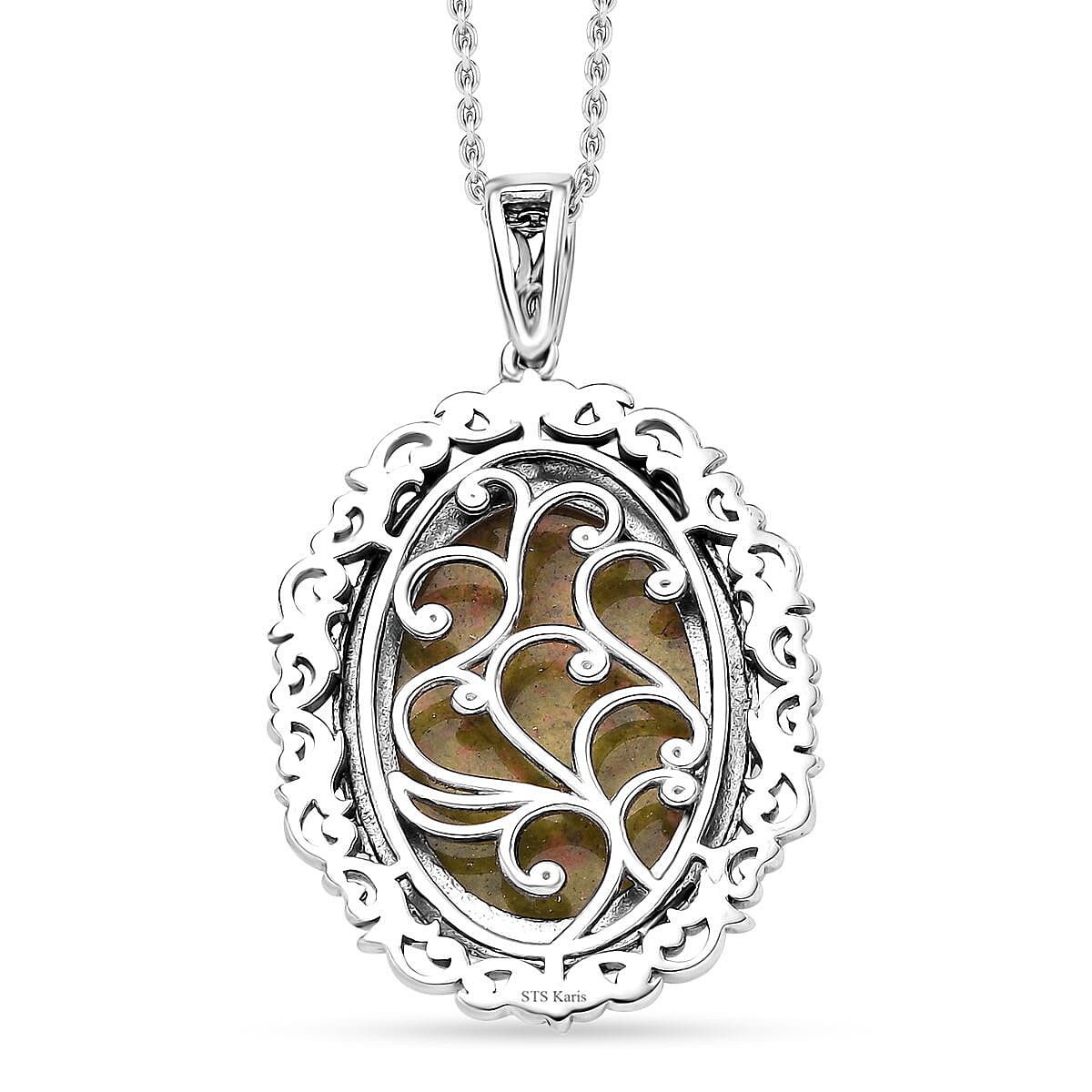 Karis Unakite 27.50 ctw Pendant in Platinum Bond with Stainless Steel Necklace 20 Inches