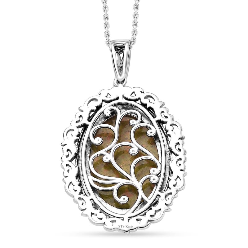 Karis Unakite 27.50 ctw Pendant in Platinum Bond with Stainless Steel Necklace 20 Inches