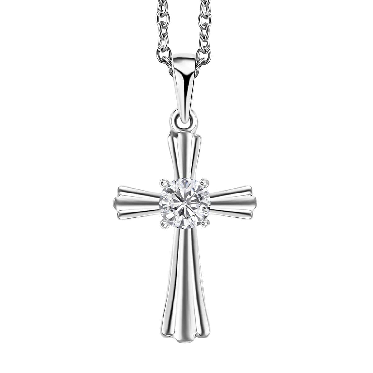 Moissanite 0.50 ctw Cross Pendant in Rhodium Over Sterling Silver with Stainless Steel Necklace 20 Inches image number 0