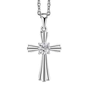 Moissanite 0.50 ctw Cross Pendant in Rhodium Over Sterling Silver with Stainless Steel Necklace 20 Inches