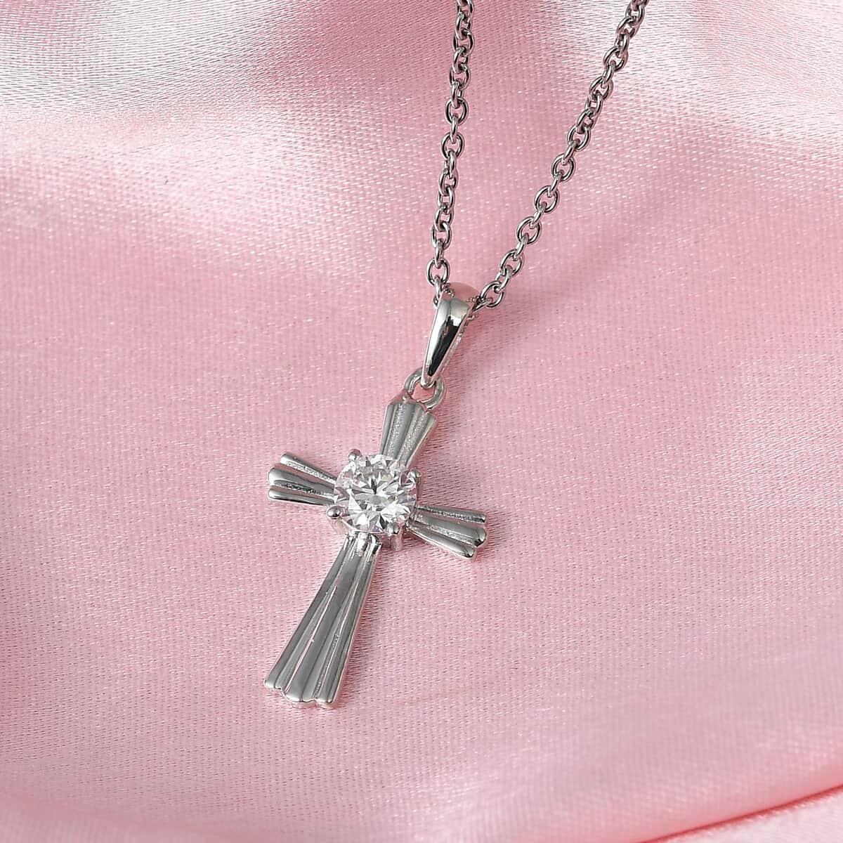 Moissanite 0.50 ctw Cross Pendant in Rhodium Over Sterling Silver with Stainless Steel Necklace 20 Inches image number 1