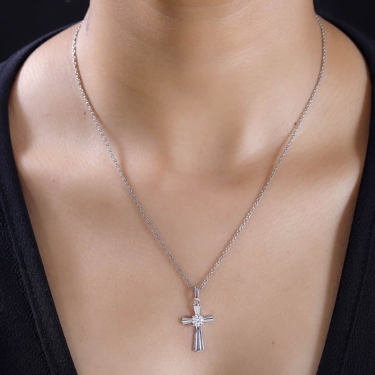 Moissanite 0.50 ctw Cross Pendant in Rhodium Over Sterling Silver with Stainless Steel Necklace 20 Inches image number 2