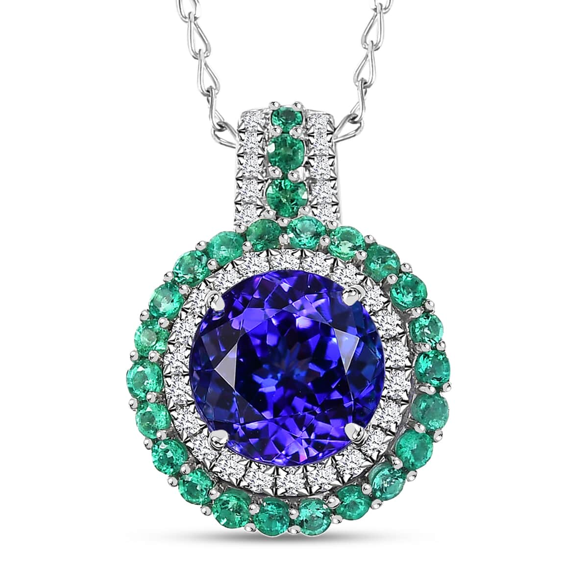 Certified & Appraised Rhapsody AAAA Tanzanite, Colombian Emerald and E-F VS Diamond 4.02 ctw Pendant Necklace in 950 Platinum 6 Grams 18 Inches image number 0