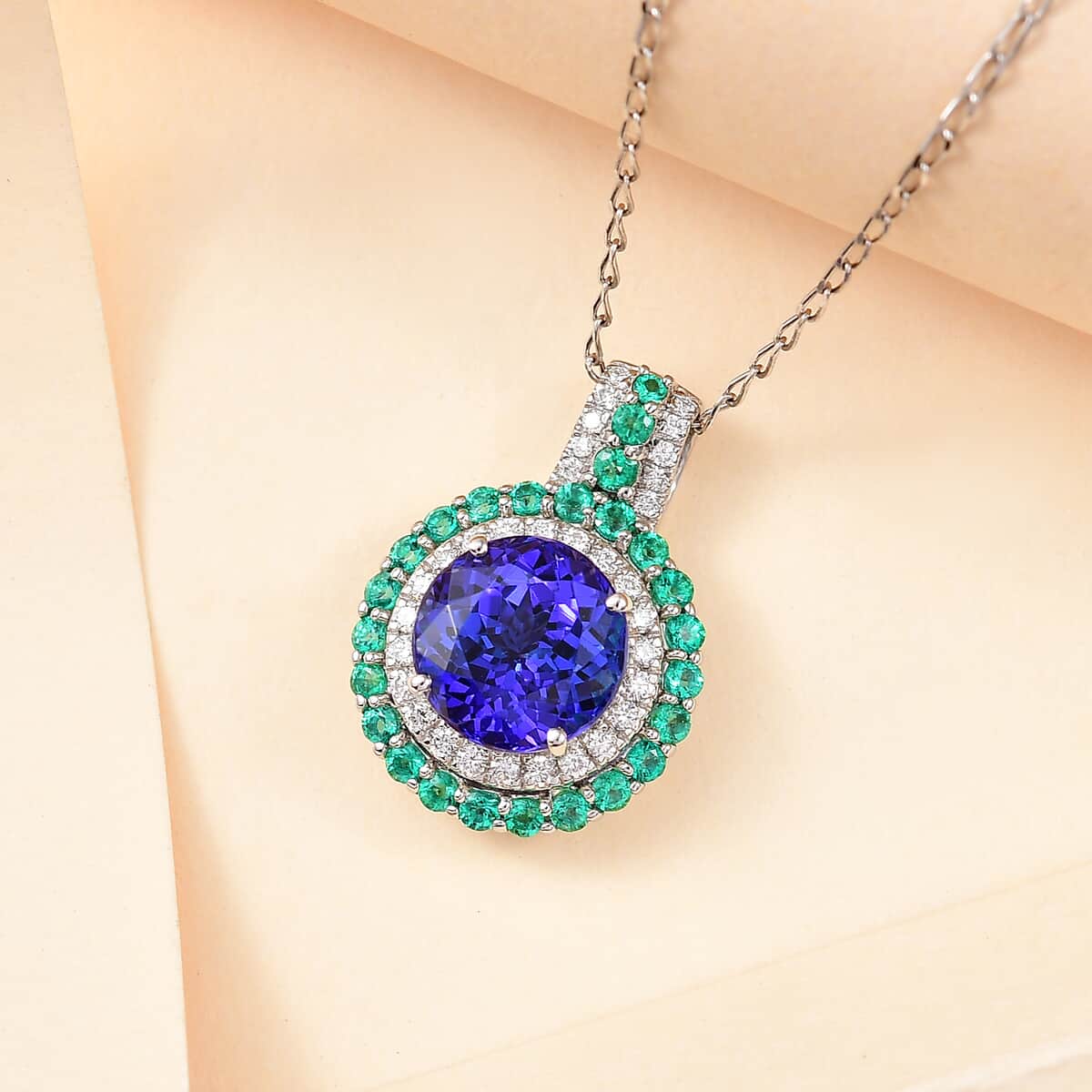 Certified & Appraised Rhapsody AAAA Tanzanite, Colombian Emerald and E-F VS Diamond 4.02 ctw Pendant Necklace in 950 Platinum 6 Grams 18 Inches image number 1