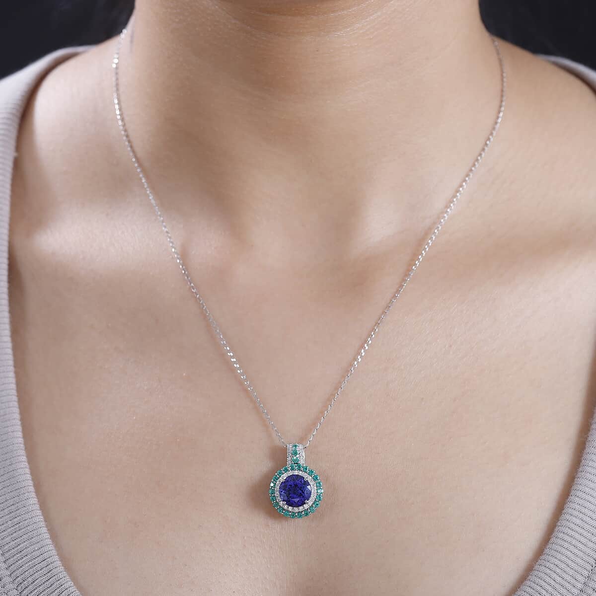 Certified & Appraised Rhapsody AAAA Tanzanite, Colombian Emerald and E-F VS Diamond 4.02 ctw Pendant Necklace in 950 Platinum 6 Grams 18 Inches image number 2