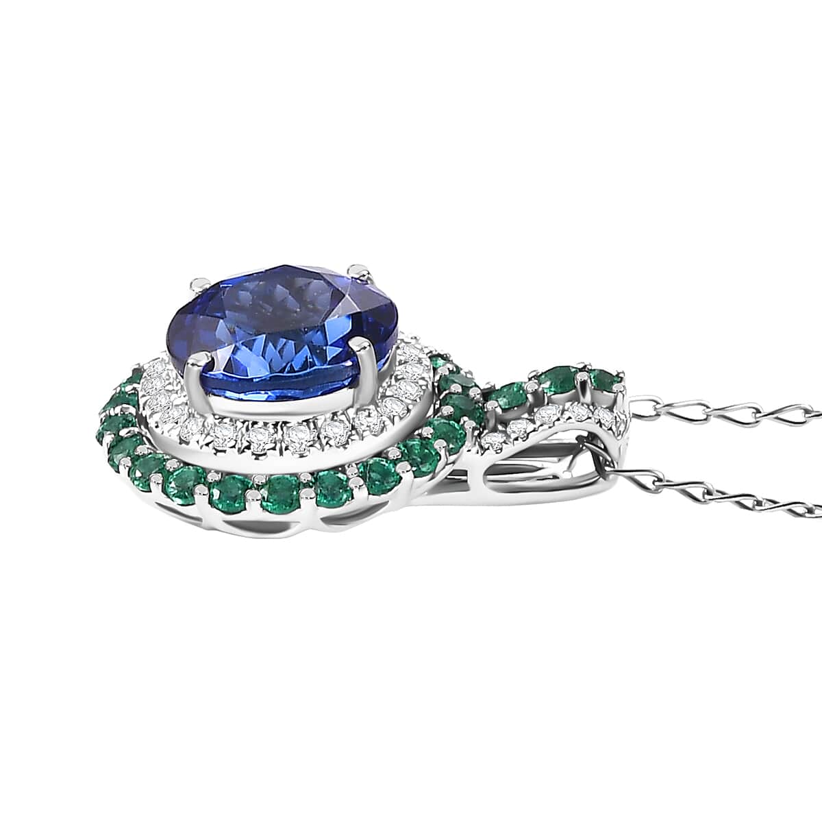 Certified & Appraised Rhapsody AAAA Tanzanite, Colombian Emerald and E-F VS Diamond 4.02 ctw Pendant Necklace in 950 Platinum 6 Grams 18 Inches image number 3