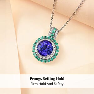 Certified & Appraised Rhapsody AAAA Tanzanite, Colombian Emerald and E-F VS Diamond 4.02 ctw Pendant Necklace in 950 Platinum 6 Grams 18 Inches