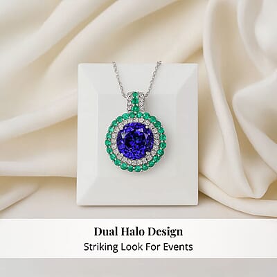Certified & Appraised Rhapsody AAAA Tanzanite, Colombian Emerald and E-F VS Diamond 4.02 ctw Pendant Necklace in 950 Platinum 6 Grams 18 Inches