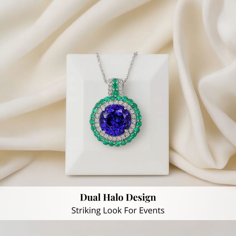 Certified & Appraised Rhapsody AAAA Tanzanite, Colombian Emerald and E-F VS Diamond 4.02 ctw Pendant Necklace in 950 Platinum 6 Grams 18 Inches