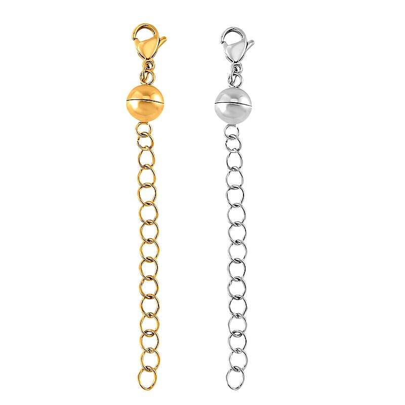Set of 2 -11mm Lobster Lock with 8mm Magnetic Lock and 2 Inch Extender Chain in Rhodium Over and ION Plated YG Stainless Steel