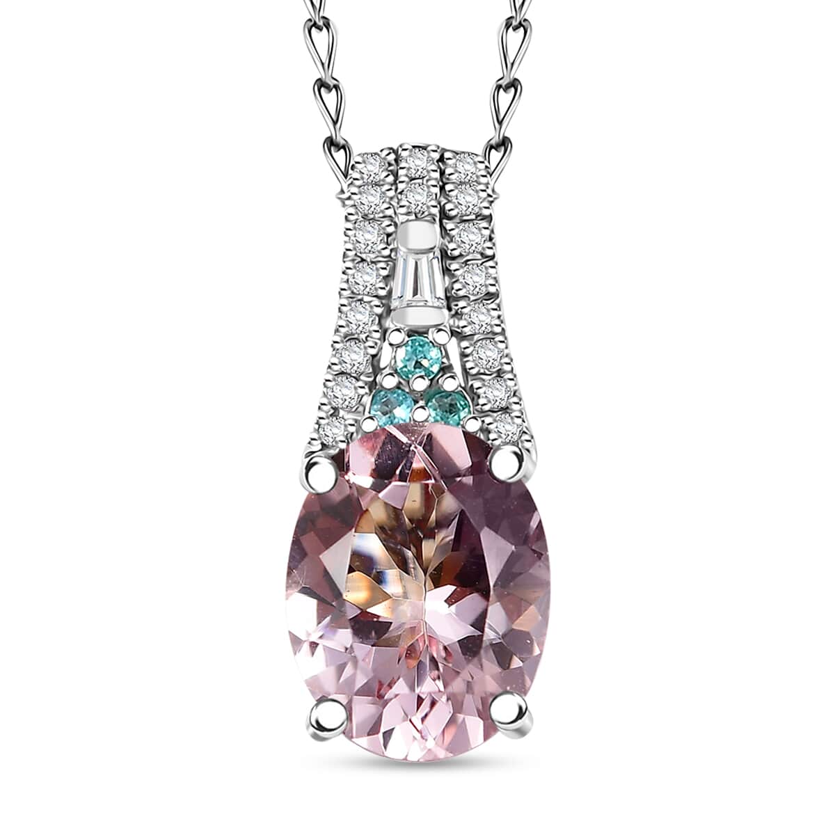 Certified & Appraised Rhapsody AAAA Pink Morganite, Paraiba Tourmaline, E-F VS Diamond 2.58 ctw Pendant Necklace 20 Inches in 950 Platinum  image number 0