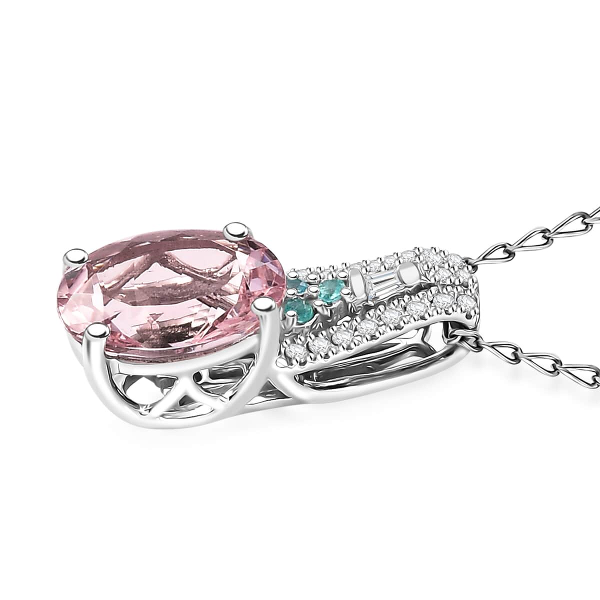 Certified & Appraised Rhapsody AAAA Pink Morganite, Paraiba Tourmaline, E-F VS Diamond 2.58 ctw Pendant Necklace 20 Inches in 950 Platinum  image number 3