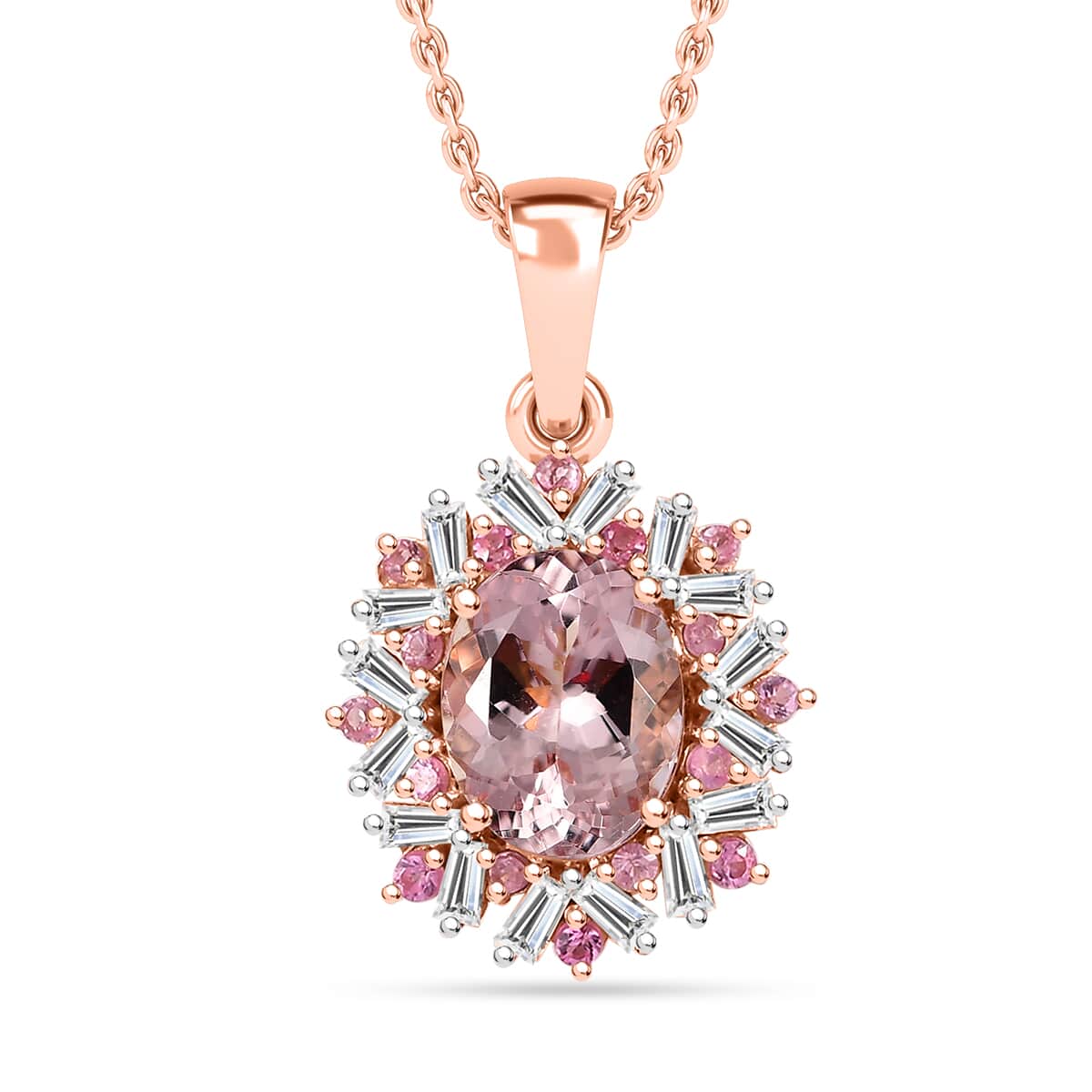 Certified & Appraised Iliana AAA Pink Morganite, Mahenge Spinel and G-H SI Diamond 2.50 ctw Floral Pendant Necklace in 18K Rose Gold 18 Inches image number 0