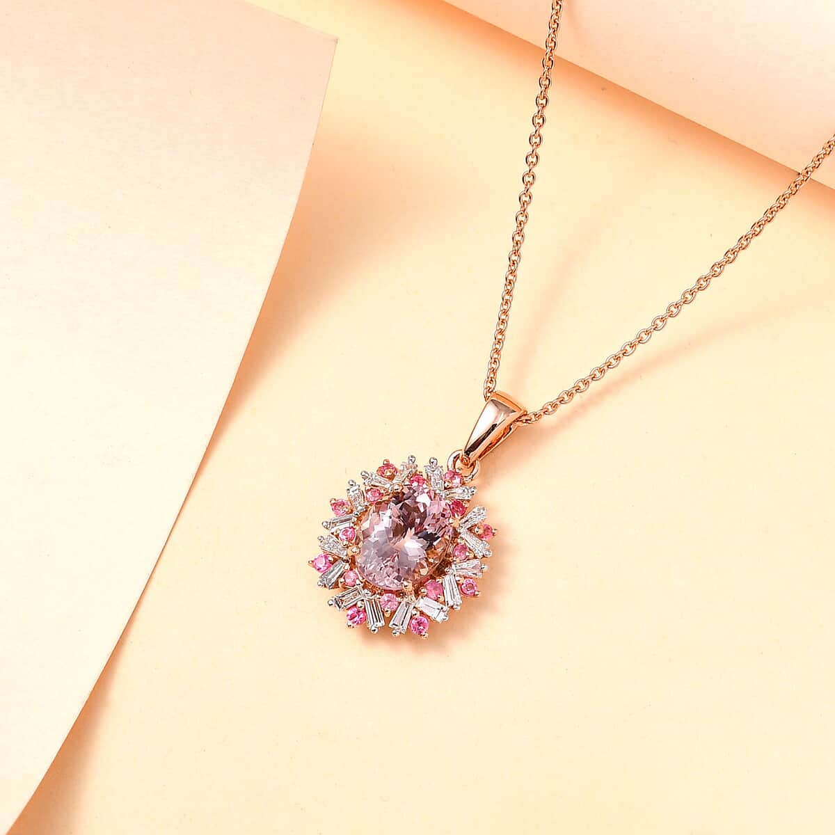 Certified & Appraised Iliana AAA Pink Morganite, Mahenge Spinel and G-H SI Diamond 2.50 ctw Floral Pendant Necklace in 18K Rose Gold 18 Inches image number 1