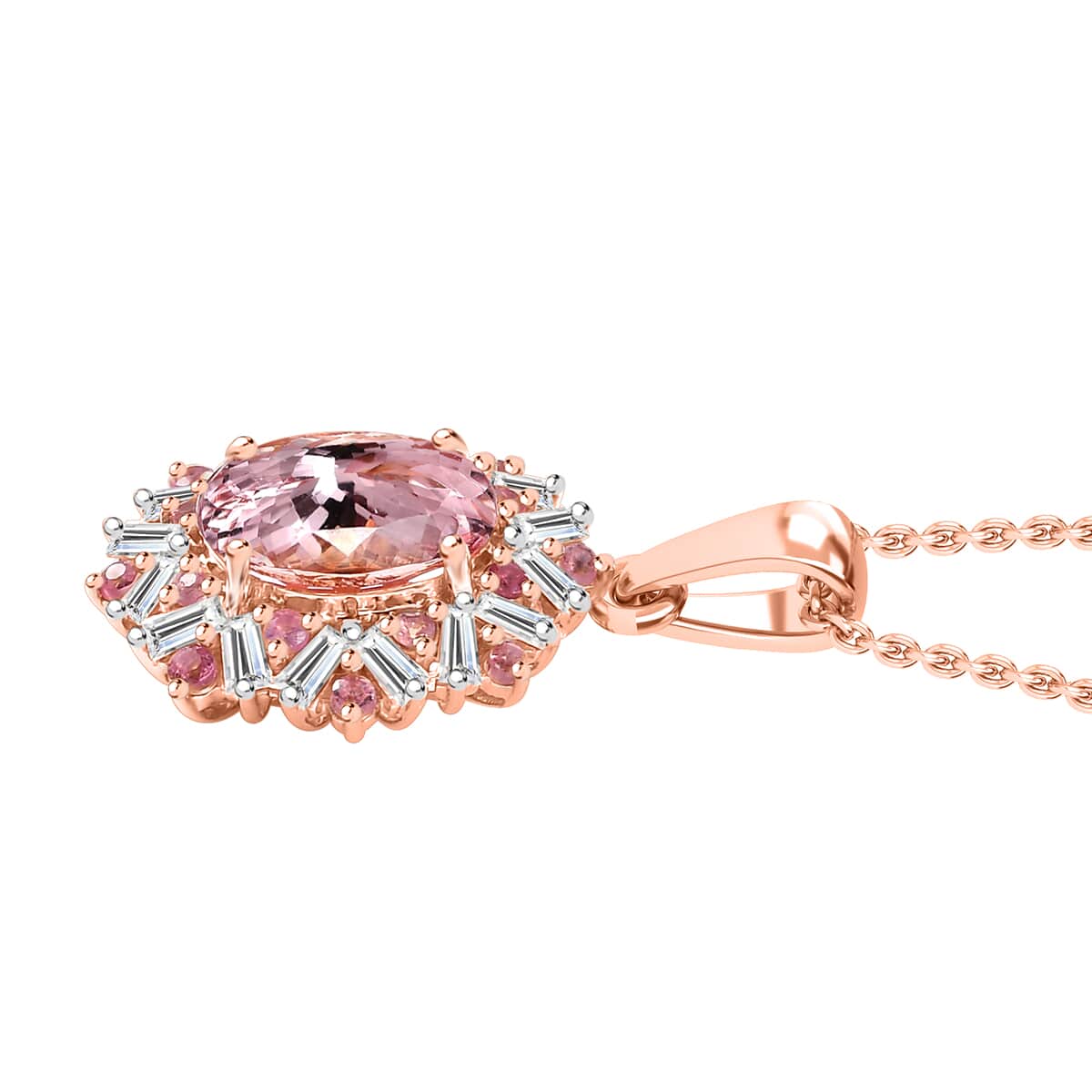 Certified & Appraised Iliana AAA Pink Morganite, Mahenge Spinel and G-H SI Diamond 2.50 ctw Floral Pendant Necklace in 18K Rose Gold 18 Inches image number 3