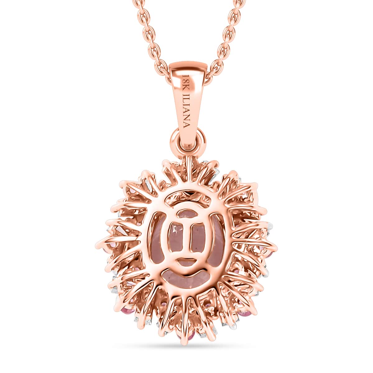 Certified & Appraised Iliana AAA Pink Morganite, Mahenge Spinel and G-H SI Diamond 2.50 ctw Floral Pendant Necklace in 18K Rose Gold 18 Inches image number 4