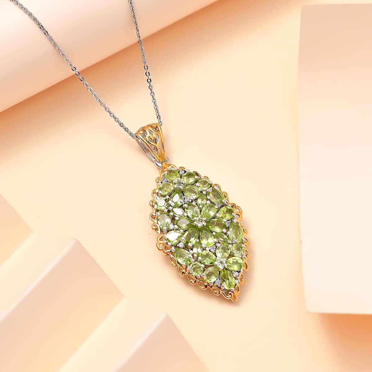 Hebei Peridot and Multi Gemstone 5.50 ctw Bunch of Flower Pendant Necklace in 18K Vermeil YG and Rhodium Over Sterling Silver 20 Inches image number 1