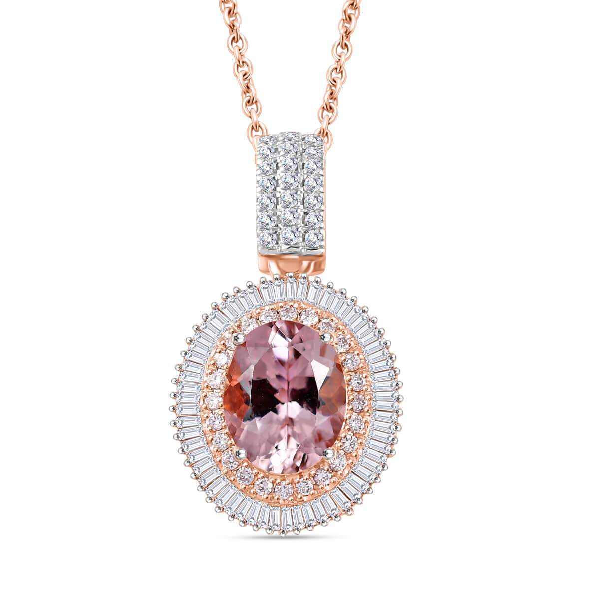 Certified and Appraised AAA Pink Morganite and G-H I1 Diamond 2.55 ctw Pendant Necklace in 18K Rose Gold 18 Inches image number 0