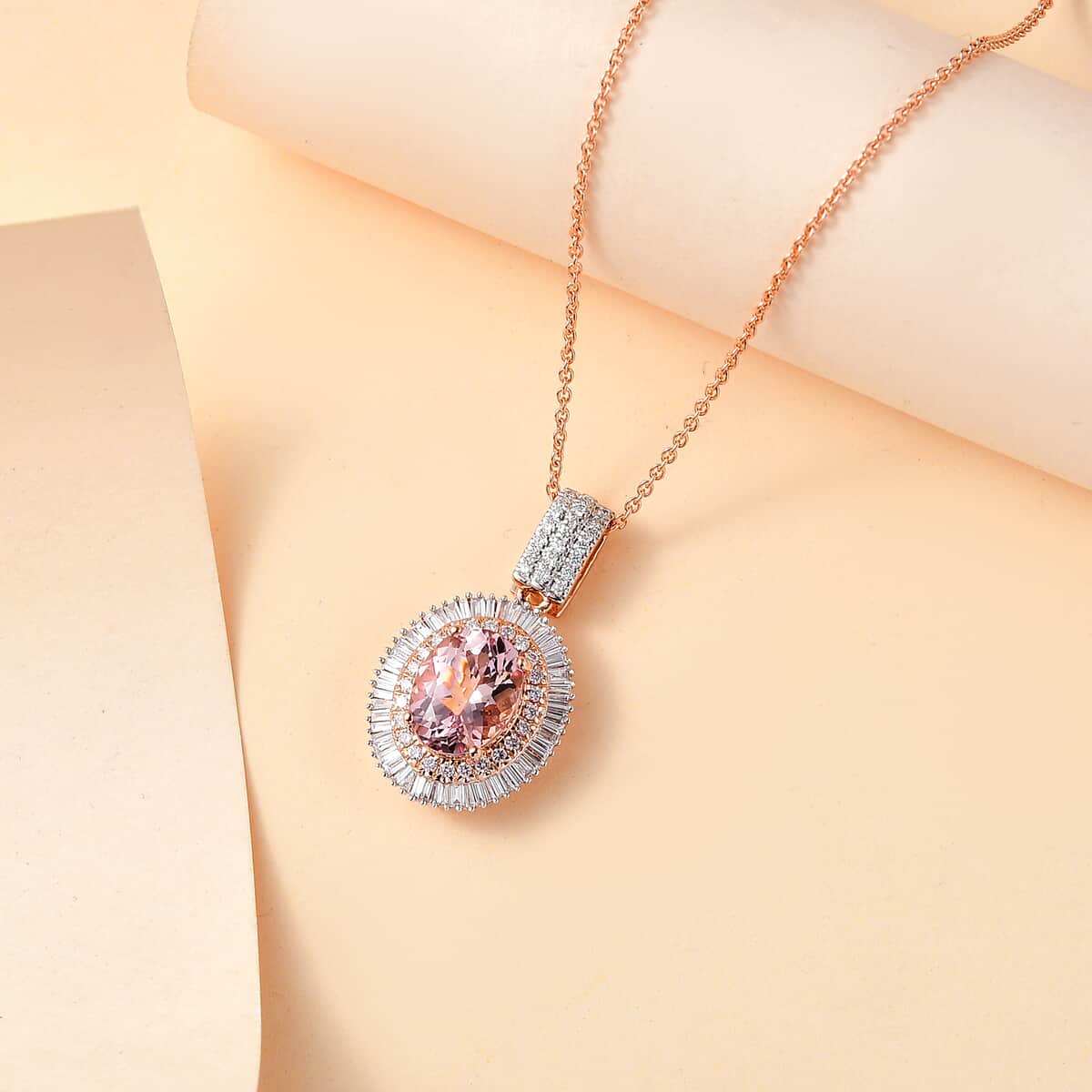 Certified and Appraised AAA Pink Morganite and G-H I1 Diamond 2.55 ctw Pendant Necklace in 18K Rose Gold 18 Inches image number 1