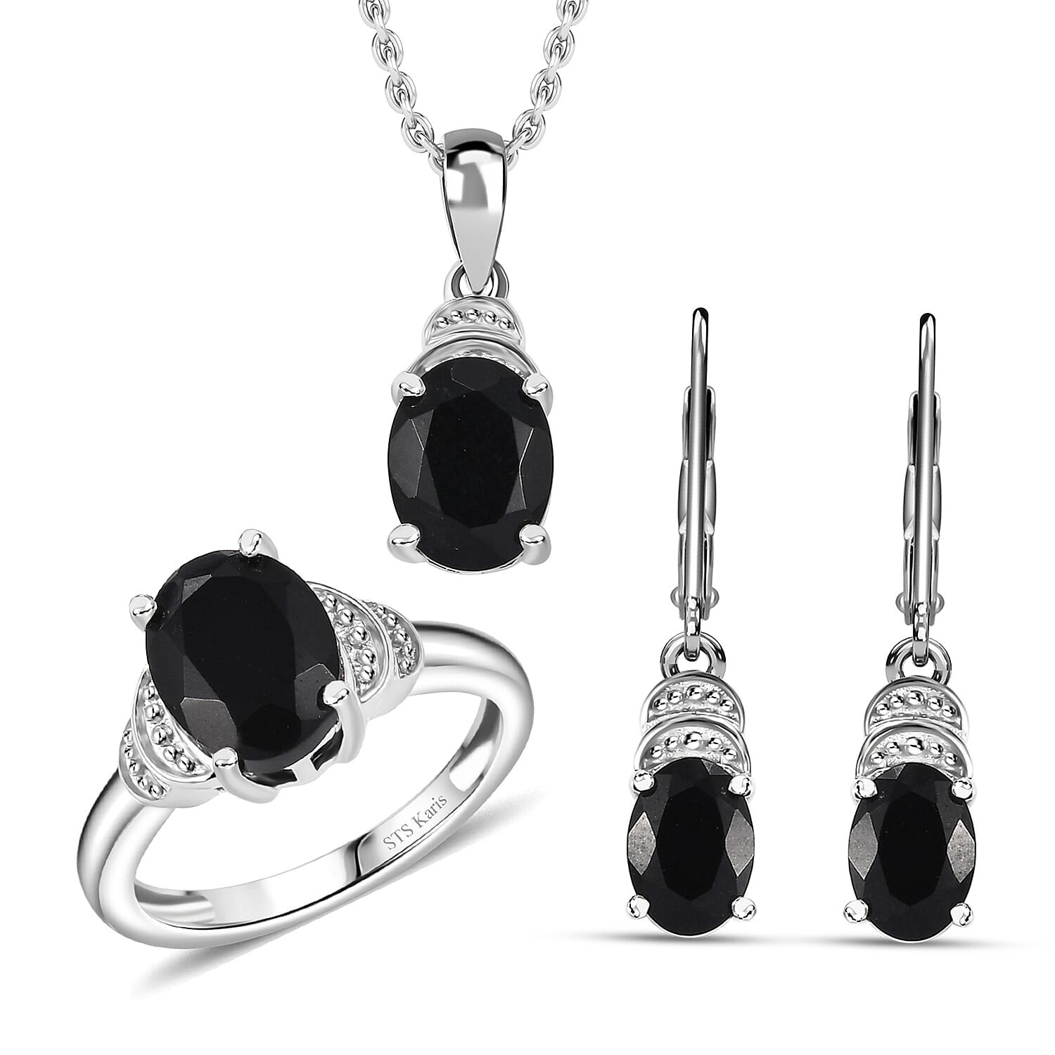 Karis California Black Jade 5.40 ctw Lever Back Earrings, Ring (Size 5.0) and Pendant in Platinum Bond with Stainless Steel Necklace 20 Inches