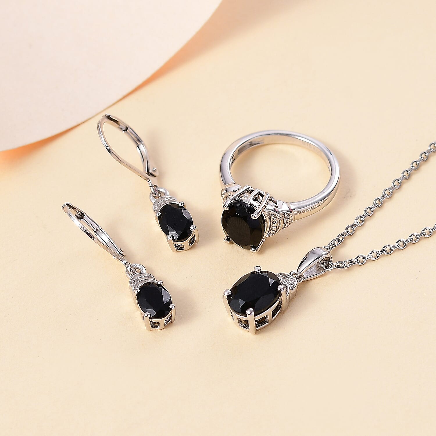 Karis California Black Jade 5.40 ctw Lever Back Earrings, Ring (Size 5.0) and Pendant in Platinum Bond with Stainless Steel Necklace 20 Inches