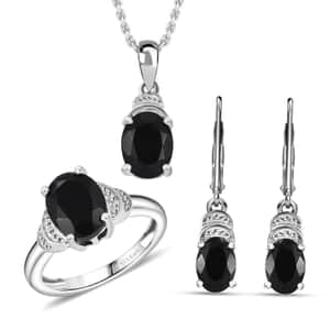 Karis California Black Jade 5.40 ctw Lever Back Earrings, Ring (Size 7.0) and Pendant in Platinum Bond with Stainless Steel Necklace 20 Inches