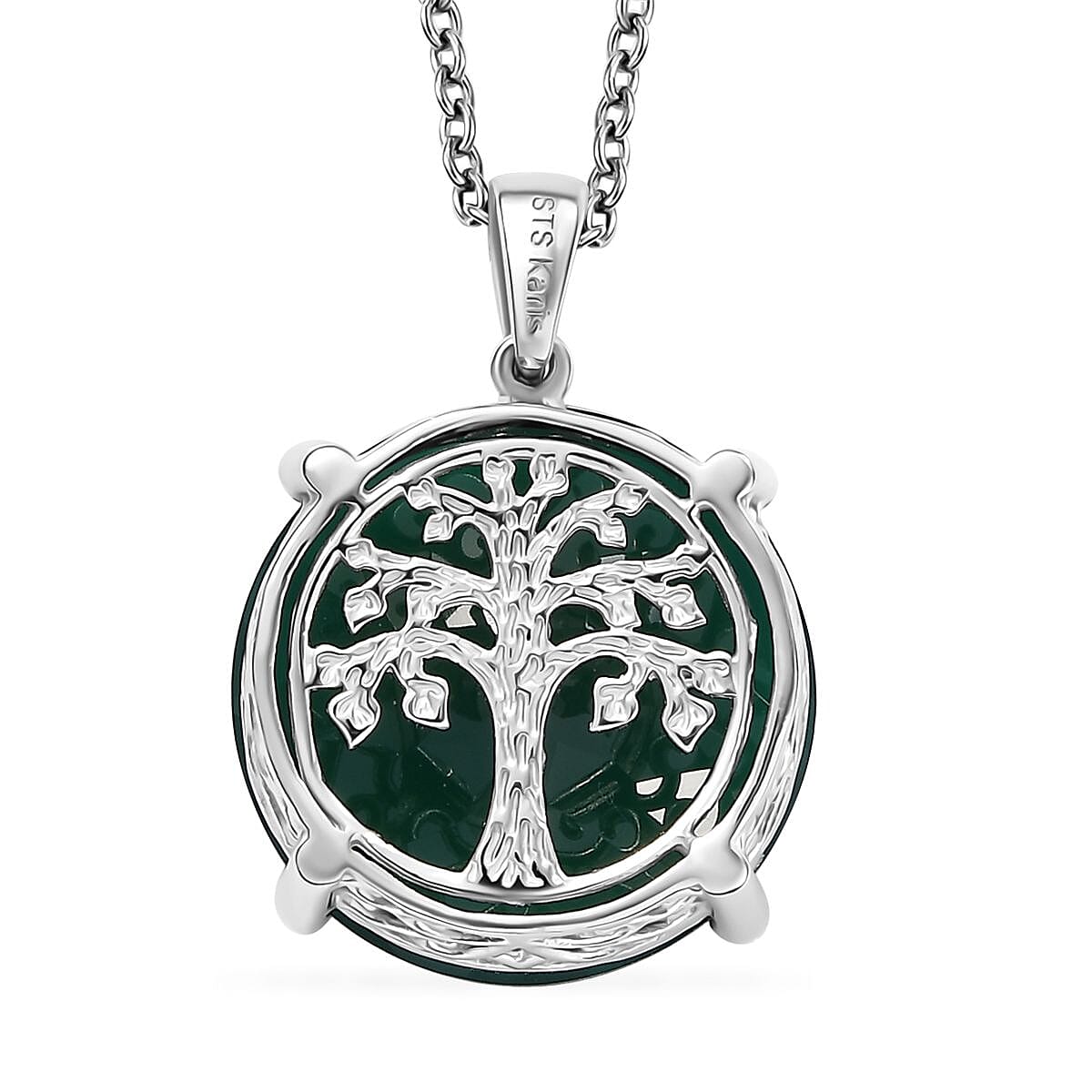 Karis Verde Onyx 13.90 ctw Tree of Life Pendant in Platinum Bond with Stainless Steel Necklace 20 Inches