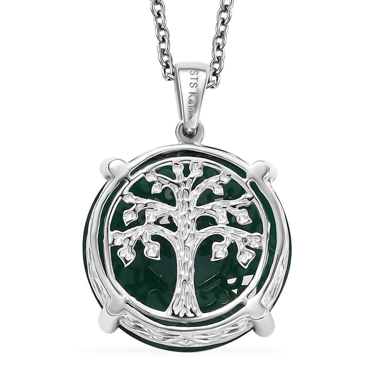 Karis Verde Onyx 13.90 ctw Tree of Life Pendant in Platinum Bond with Stainless Steel Necklace 20 Inches