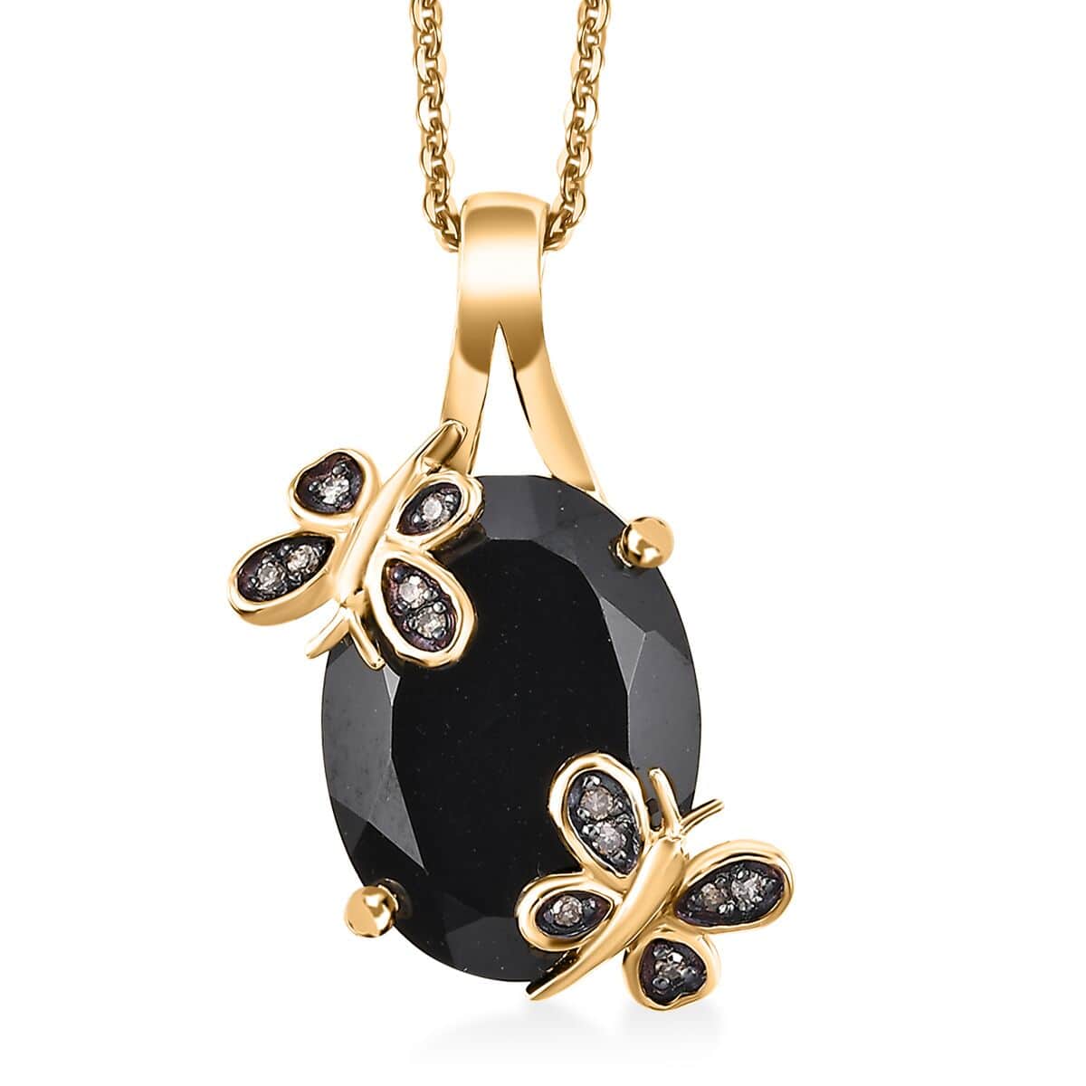 Thai Black Spinel and Natural Champagne Diamond 11.10 ctw Butterfly Pendant Necklace 20 Inches in 18K Vermeil Yellow Gold Over Sterling Silver  image number 0