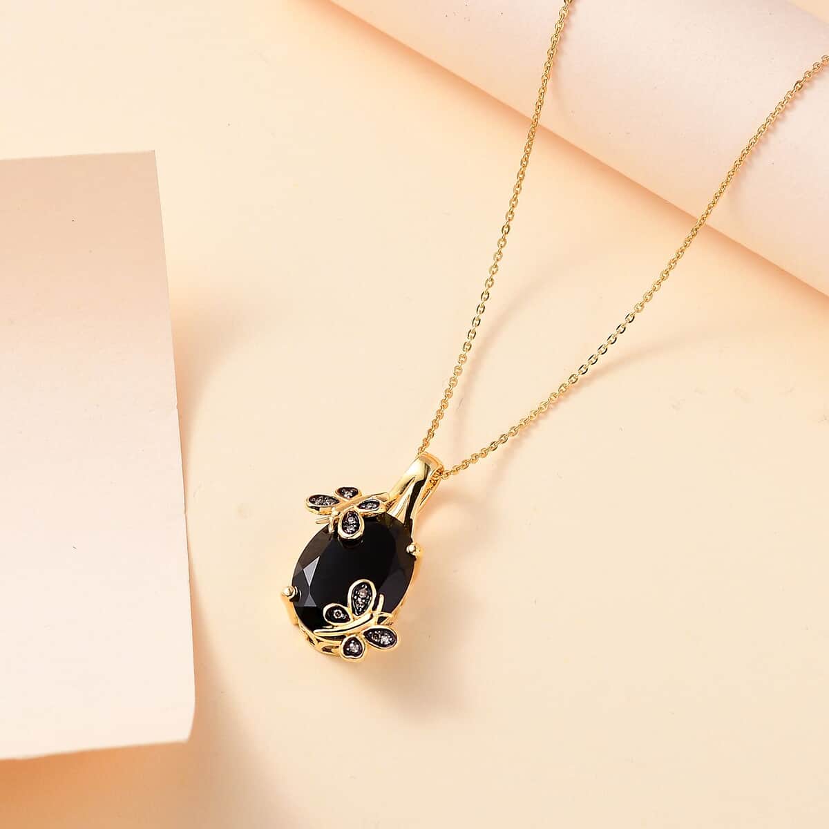 Thai Black Spinel and Natural Champagne Diamond 11.10 ctw Butterfly Pendant Necklace 20 Inches in 18K Vermeil Yellow Gold Over Sterling Silver  image number 1