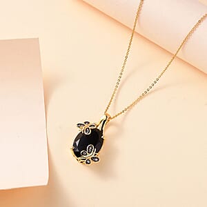 Thai Black Spinel and Natural Champagne Diamond 11.10 ctw Butterfly Pendant Necklace 20 Inches in 18K Vermeil Yellow Gold Over Sterling Silver 
