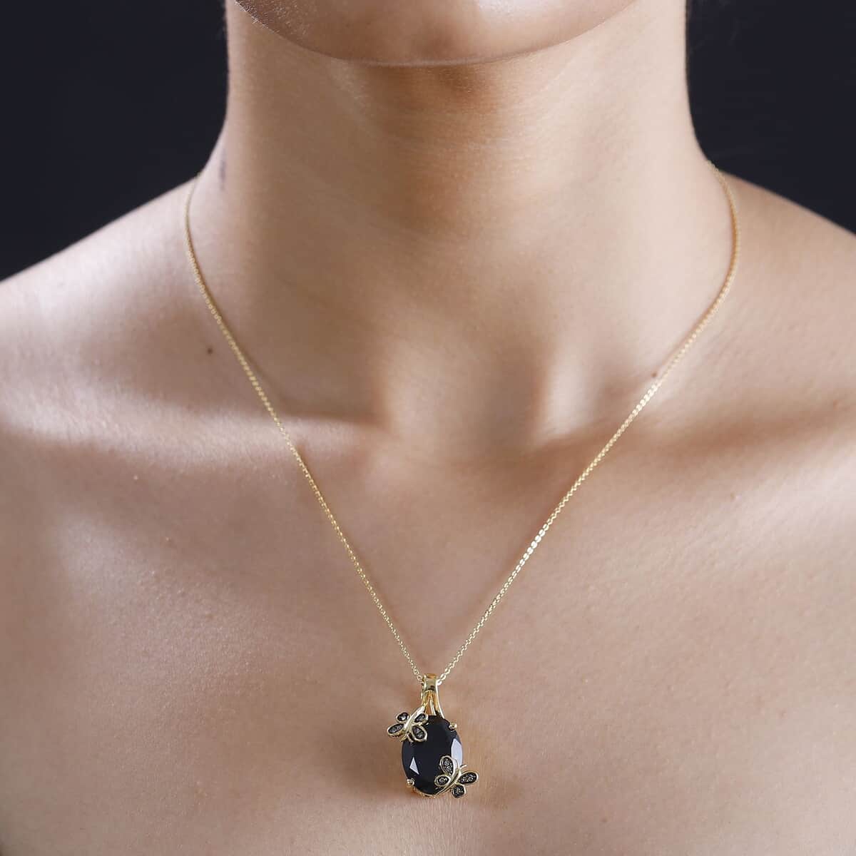 Thai Black Spinel and Natural Champagne Diamond 11.10 ctw Butterfly Pendant Necklace 20 Inches in 18K Vermeil Yellow Gold Over Sterling Silver  image number 2