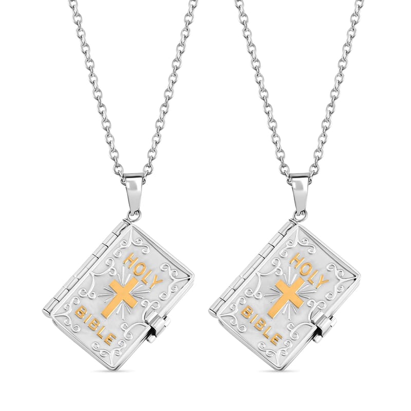 Set of 2 Bible Pendant Necklace (24 Inches) in ION Plated YG and Steel
