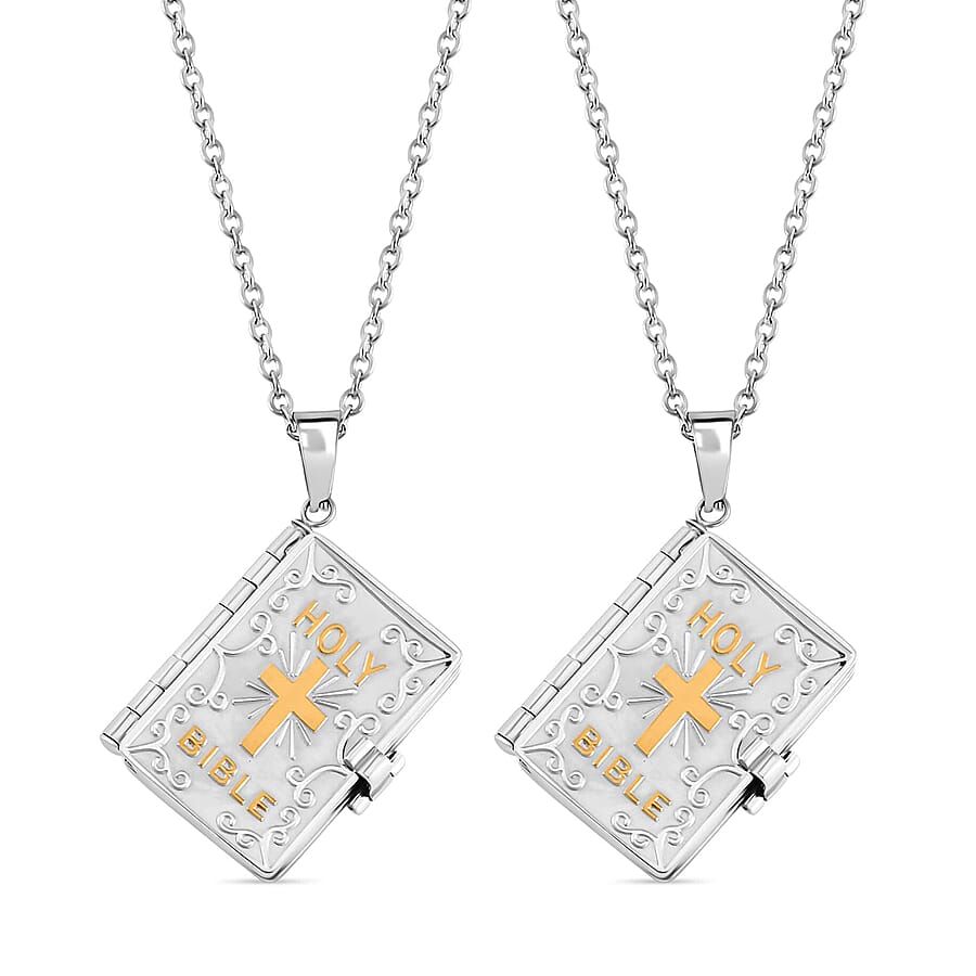 Set of 2 Bible Pendant Necklace in ION Plated YG and Steel 24 Inches