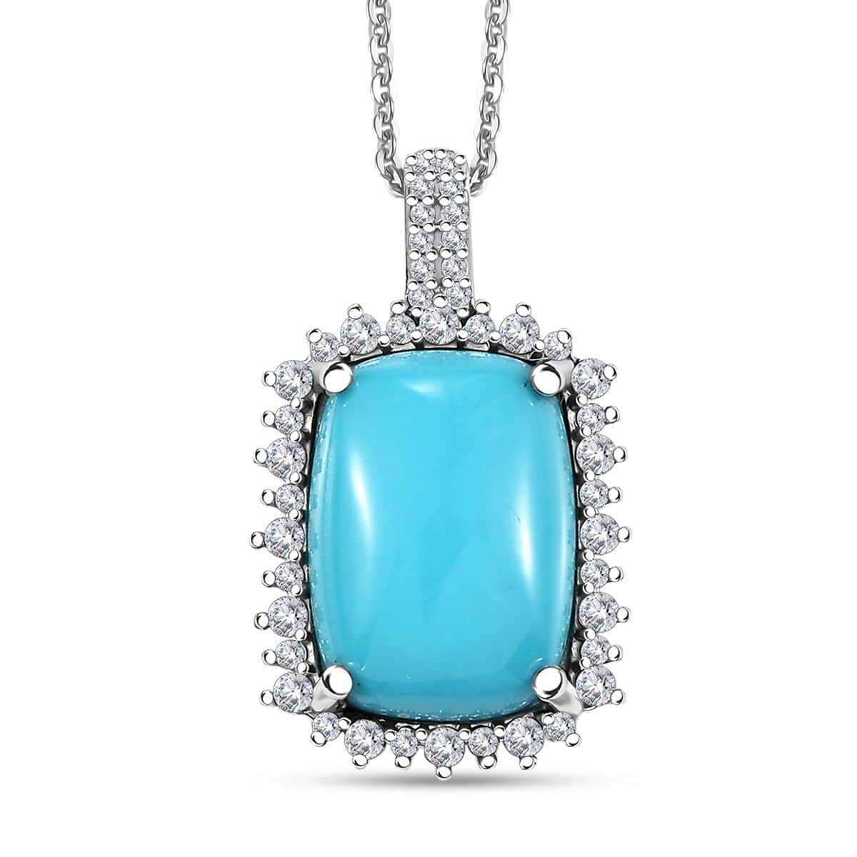 Sleeping Beauty Turquoise (Cush), Moissanite Sunburst Pendant Necklace (20 Inches) in Rhodium Over Sterling Silver 5.80 ctw image number 0