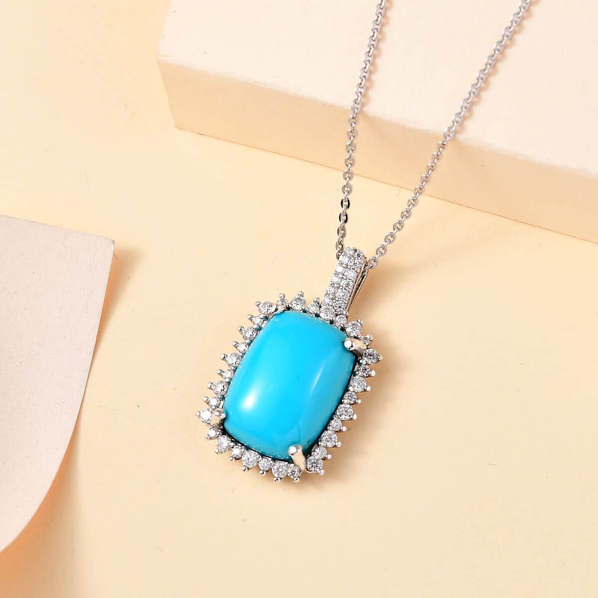 Sleeping Beauty Turquoise (Cush), Moissanite Sunburst Pendant Necklace (20 Inches) in Rhodium Over Sterling Silver 5.80 ctw image number 1