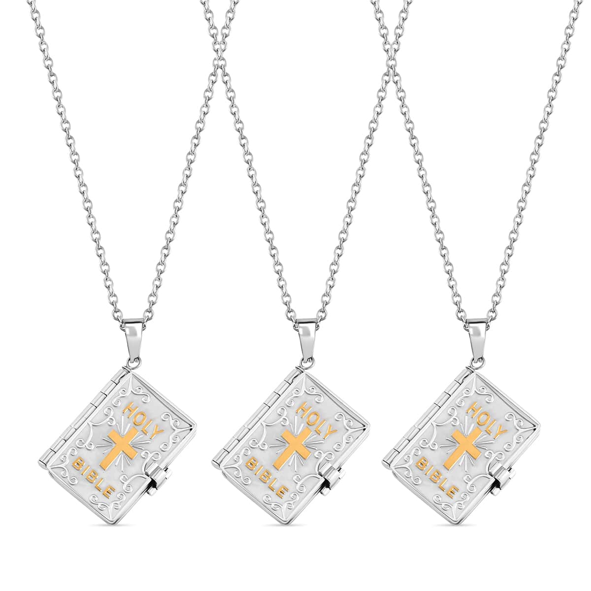 Set of 3 Bible Pendant Necklace in ION Plated YG and Steel 24 Inches image number 0