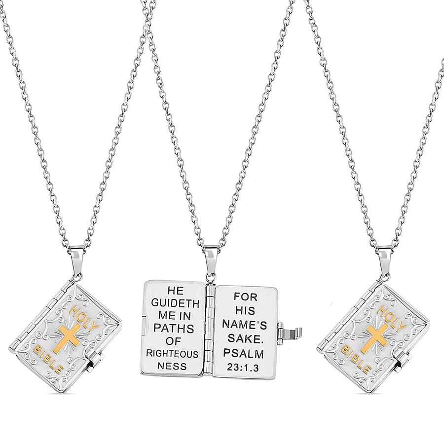 Set of 2 Bible Pendant Necklace in ION Plated YG and Steel 24 Inches