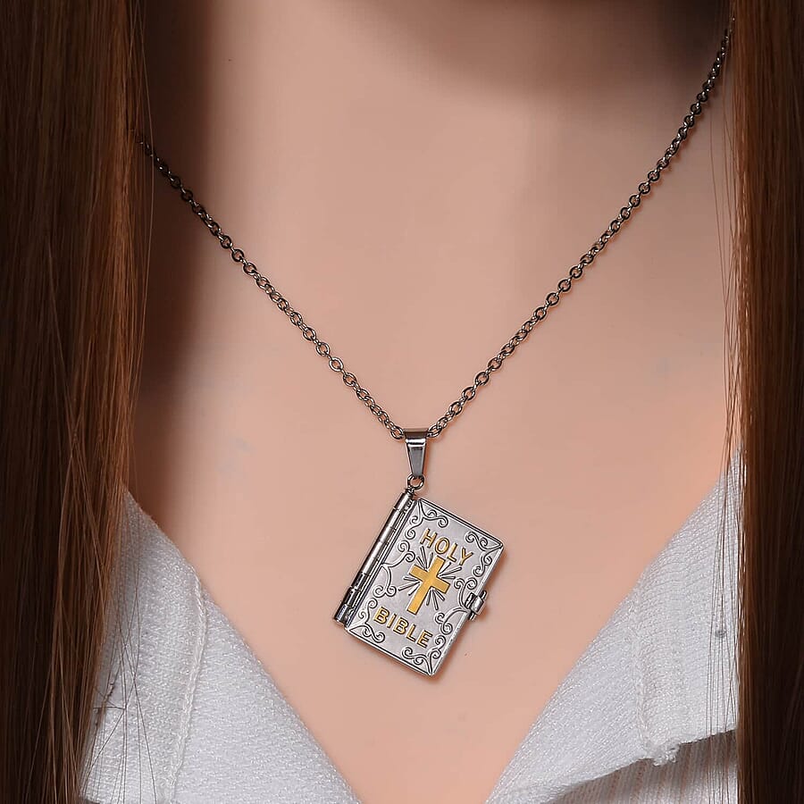 Set of 2 Bible Pendant Necklace in ION Plated YG and Steel 24 Inches